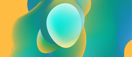 Abstract fluid shapes blend, creating vibrant orange, teal gradients. Soft lighting emphasizes smooth transitions, dynamic composition.