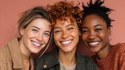 three women from diverse cultural backgrounds smiling confidently promoting inclusion diversity empowerment female unity teamwork and strong friendship