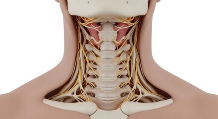 Central nervous system anatomy, Human neck anatomy with bones, muscles, and nerves 3D rendering.