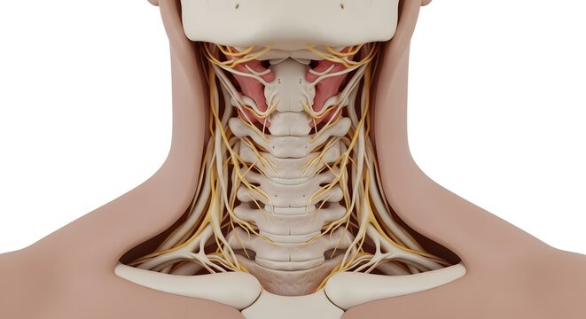 Central nervous system anatomy, Human neck anatomy with bones, muscles, and nerves 3D rendering.