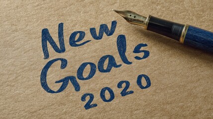 hand with fountain pen writing new goals 2026 in blue ink on kraft paper  motivational new year planning and fresh start concept