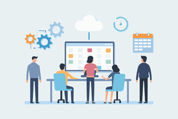 Diverse team collaborating on a digital project using cloud technology and project management tools