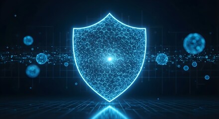 Cybersecurity Digital Shield Concept – Glowing Hexagonal Network and Data Protection Background