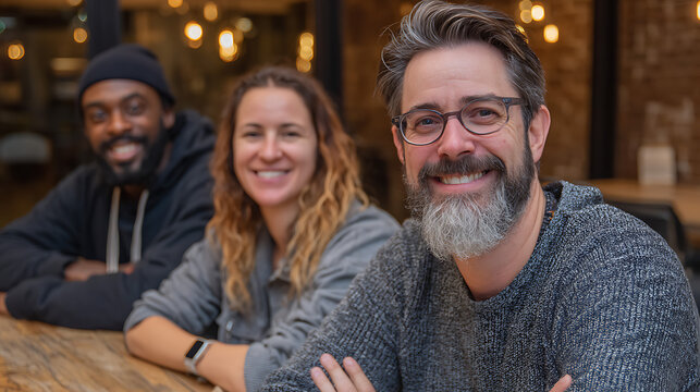 three coworkers sitting side by side at a table with the center man smiling toward the camera, capturing teamwork friendly interaction business discussion and positive professional atmosphere