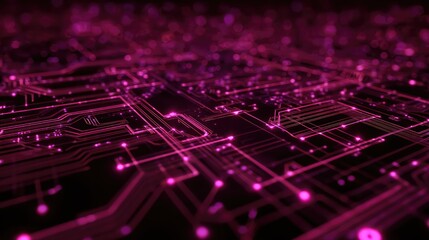 Circuit board lines with glowing pink neon lights abstract