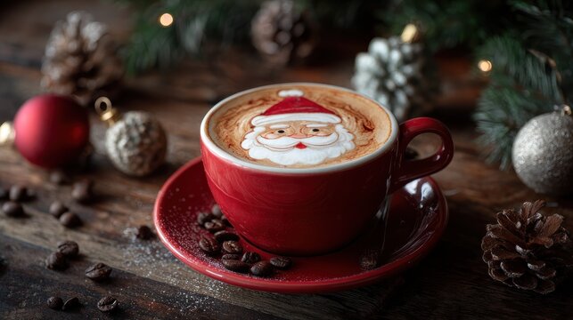 a cappuccino in a red cup features santa claus latte art set on a rustic wooden table with festive ornaments nearby - Powered by Adobe