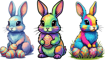 Colorful Bunny and Easter Eggs Vector Set