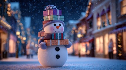 cute cartoon snowman holding stack of gifts in snowy christmas village street with festive lights and holiday decorations at night
