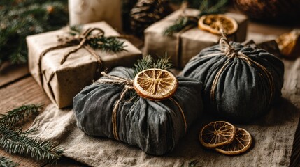 sustainable christmas cozy scene with gifts wrapped in reusable fabric furoshiki tied with twine and adorned with evergreen sprigs and dried orange slices