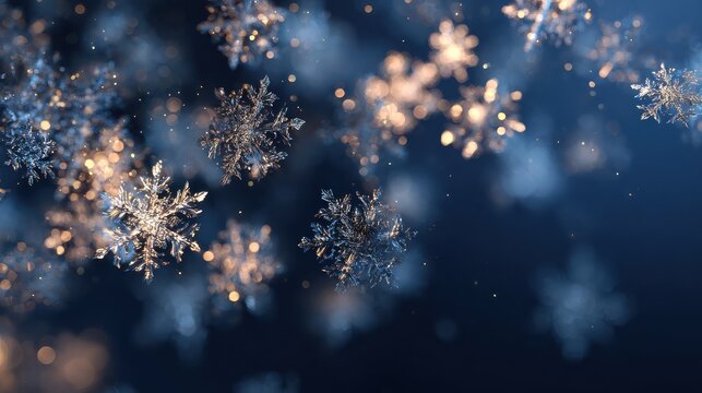 glowing abstract snowflakes floating on a dark blue background with bokeh light winter wonderland design for christmas and new year holiday celebration