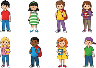 Cartoon school children characters holding books and backpacks, diverse cute kids standing in colorful outfits, education vector illustration set