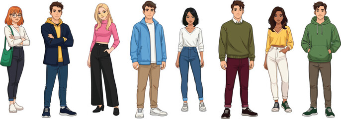 Modern cartoon teenagers standing in stylish casual outfits, diverse young characters in trendy clothing, vector illustration for lifestyle and fashion concepts