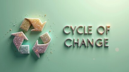 Colorful recycled symbol with glitter text, 'Cycle of Change', on a soft green background, representing sustainability and environmental awareness.