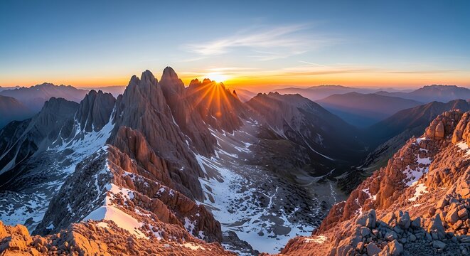 Breathtaking sunrise over the majestic mountain range, with golden light illuminating the snowcapped peaks and rocky terrain