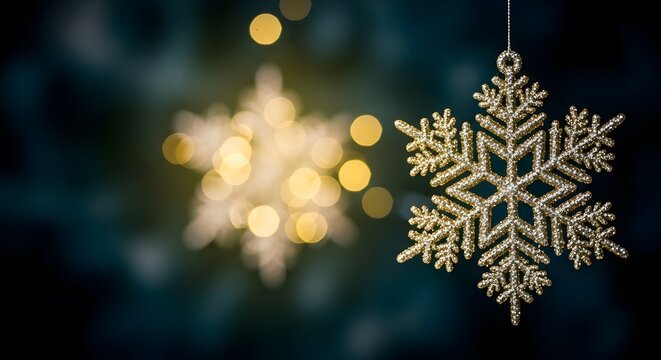 A close-up shot of a glittering golden snowflake ornament hanging in front of a bokeh background of warm yellow lights.