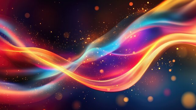 Colorful light waves flowing with sparkling particles