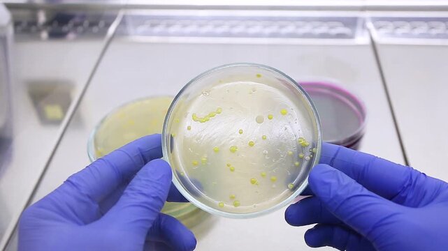 The scientist holds a petri dish with yellow bacterial colonies in front of him.