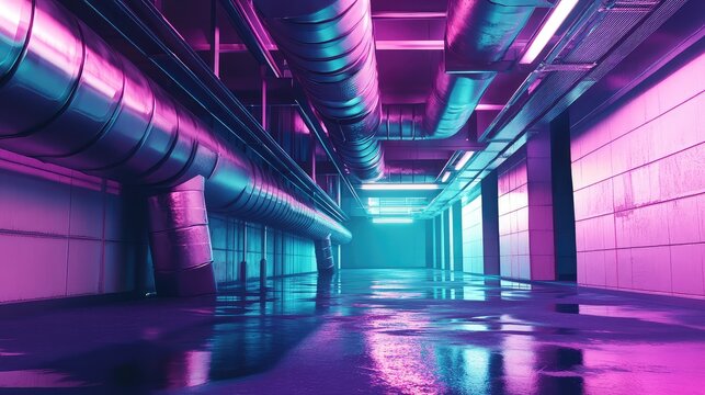 Futuristic industrial corridor glowing with neon purple and blue reflections