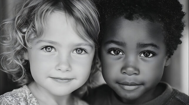 two friendly children of different backgrounds smiling close together portraying unity friendship happiness diversity inclusion and supportive childhood relationship