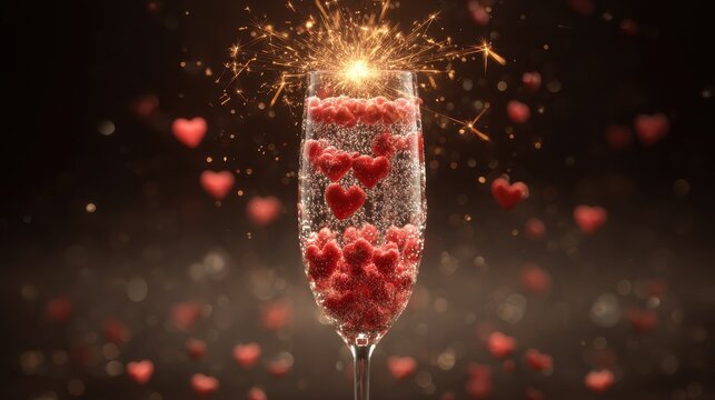sparkler ignites in champagne glass filled with red heart candies for new year 2026 celebration - Powered by Adobe