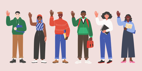 Diverse group of students waving hello holding books and backpacks ready for school or university education © Bijoy