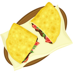Handheld yellow flatbread wrap sliced in half revealing filling of chopped meat fresh tomatoes and green herbs served on white paper and brown wooden board transparent background