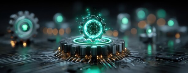 Futuristic gears with glowing electric elements.