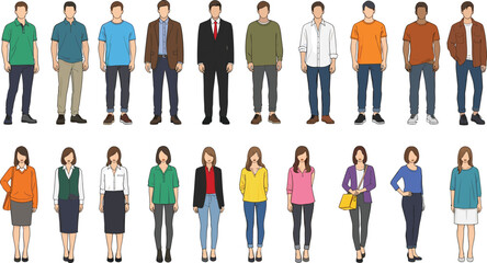 Diverse men and women standing in modern casual and business outfits, full body character set illustration for design, presentation, animation, and projects © Creative Asif