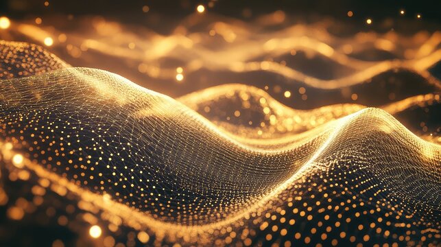 Golden digital wave network with glowing particles
