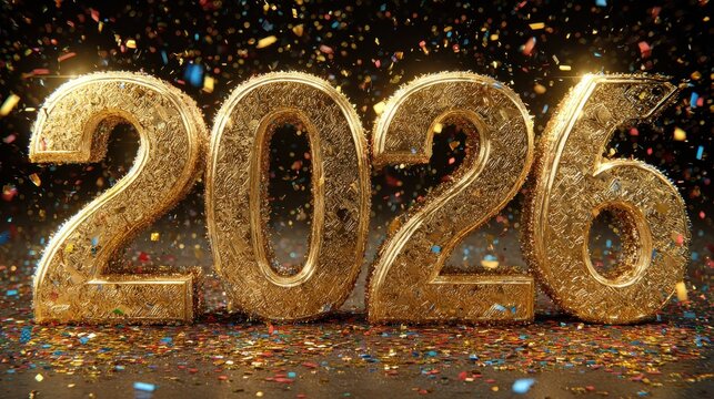 happy new year 2026 golden 3d numbers with confetti  and stage lights