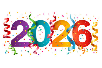 Happy new year 2026 celebration decoration with serpentine and confetti on transparent