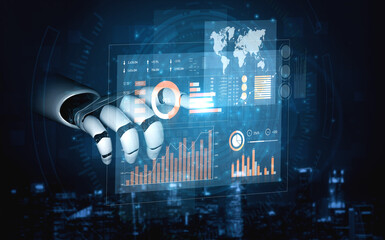 A futuristic robot hand interacts with a holographic data screen, showcasing analytics and visualizations in a high-tech digital city environment. Scalp