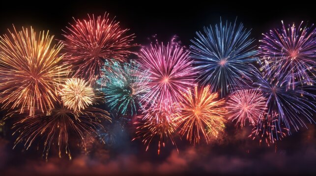 happy new year 2024  firework silvester new years eve party festival celebration holiday background banner greeting card  closeup of colorful fireworks pyrotechnics in the night  generative ai