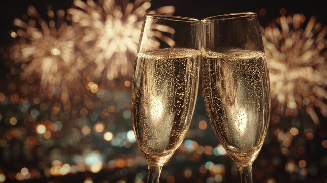 sparkling champagne toast with fireworks display at sunset celebration concept