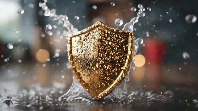 Dynamic gold shield repelling water, symbolizing protection, security, and resilience in a financial or cybersecurity context with liquid motion