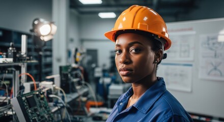 Confident african american engineer in hardhat at factory. Industrial occupation.