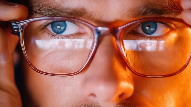 Focused man adjusts glasses, reflecting screen's glow, immersed in digital world, studying data, working late, coding intently, or online gaming session