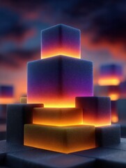 Colorful glowing cubes in a night background.