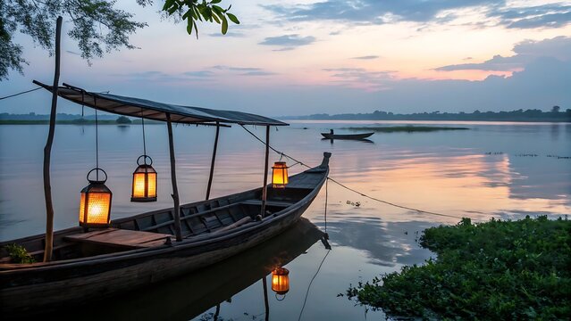Picturesque view of a wooden boat with lanterns on a calm lake during sunset hour