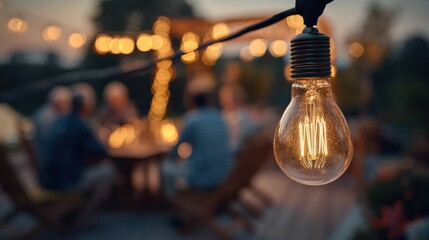 vintage light bulb with bokeh background showcasing joyful people laughing at an inn during a warm evening gathering