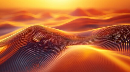 Abstract digital particle wave flowing over warm landscape