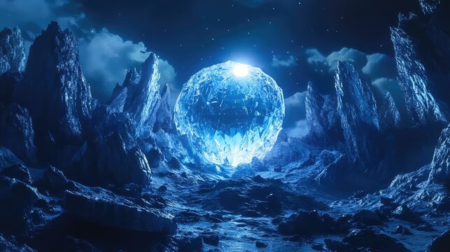 Glowing crystal orb radiating mystical energy in a dark rocky landscape