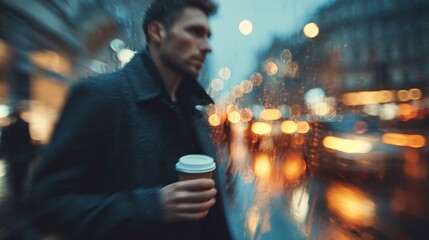 Thoughtful man holding coffee while gazing out at a rainy cityscape, illuminated by soft, blurred lights.