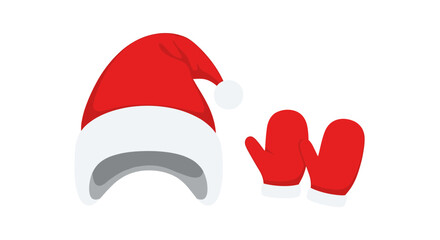 Red Santa hat and pair of red mittens on a white background.