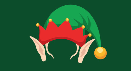 Obraz premium A festive Christmas elf hat with pointy ears and a red crown is shown against a green background.