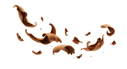 Abstract chocolate curls swirling and scattered against a clean white background