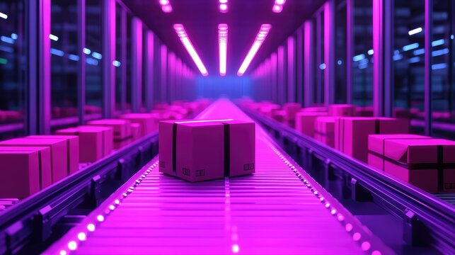 Packages moving on purple conveyor belt in automated warehouse