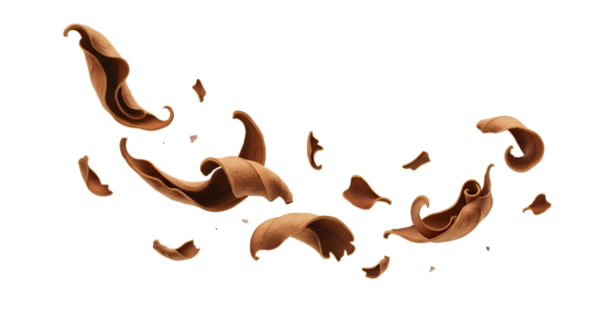 Abstract chocolate curls swirling and scattered against a clean white background