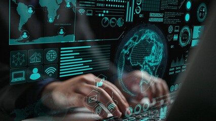 A modern representation of a global communication network, showcasing interactive digital elements and data analysis on a laptop, highlighting technological advancement. Cipher
