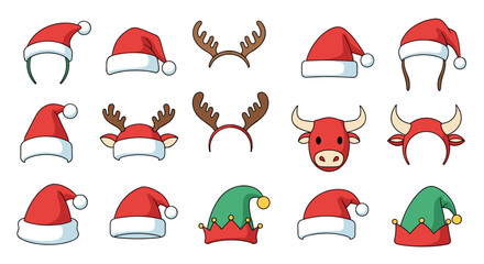 Collection of Christmas hats and reindeer antlers for festive celebrations.